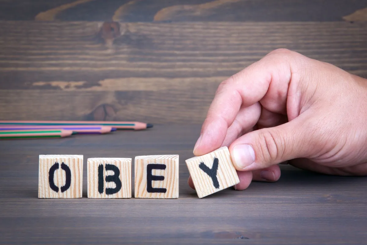 Hand placing a Y tile to complete the spelling of the word, "OBEY" on a table.